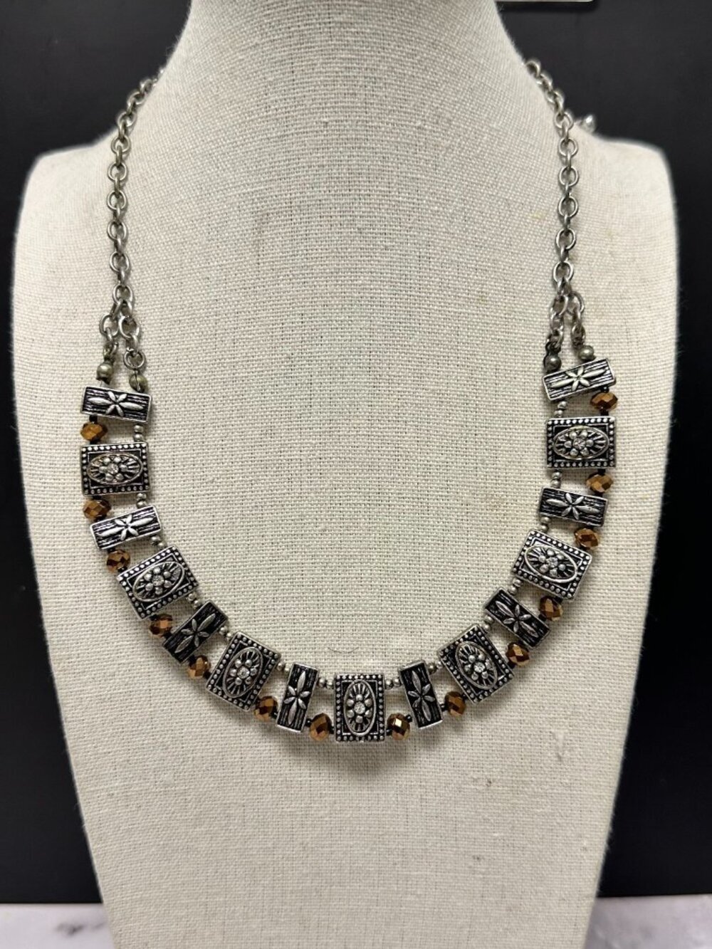 3/$30 Silver Tone Statement Necklace Rectangular Floral Beads Bronze Accent 16